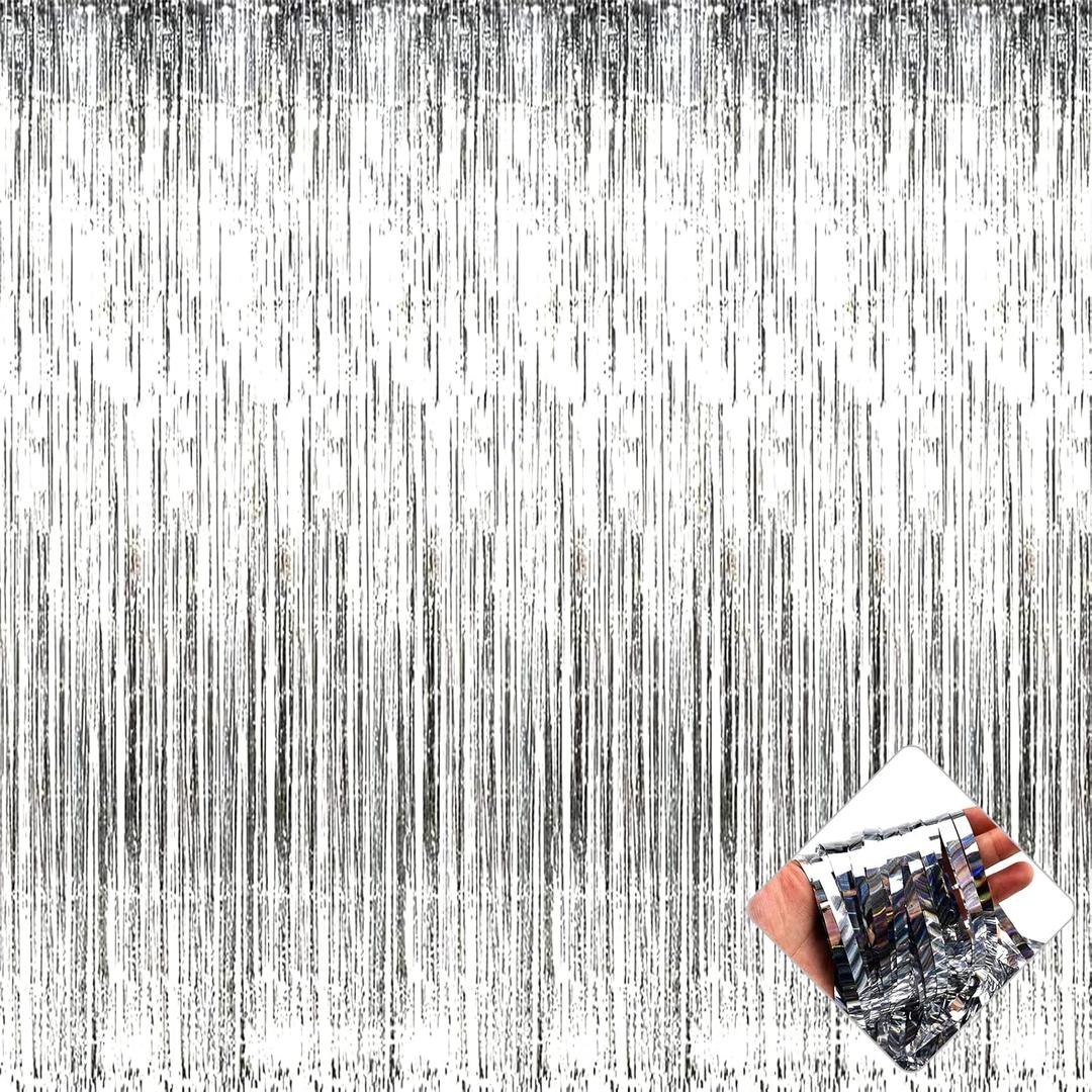 4 Pack 3.2Ft x 9.8Ft Silver Foil Fringe Curtain Backdrop, Metallic Tinsel Foil Fringe Streamers Curtains for Party, Photo Booth Props, Birthday, Wedding, Christmas Party Decoration Supplies