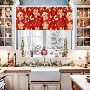YOKOU Christmas Curtain Valance, Gingerbread Man Xmas Socks Glove Snowflake Candy Canes Red Short Rod Pocket Window Treatment for Living Room, Bedroom, Kitchen, Bathroom, 1 Panel, 42" W x 18" L