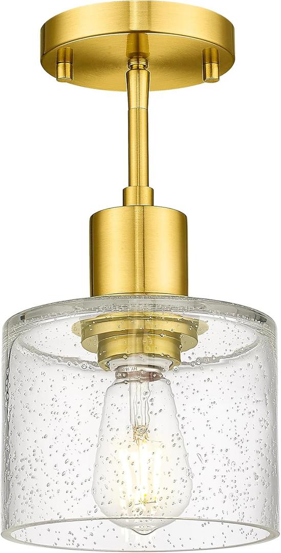LMS Modern 1-Light Semi Flush Mount Ceiling Light, Brushed Gold Close to Ceiling Light with Seeded Glass Shade, Farmhouse Lighting for Hallway Corridor Kitchen, LMS-101GD