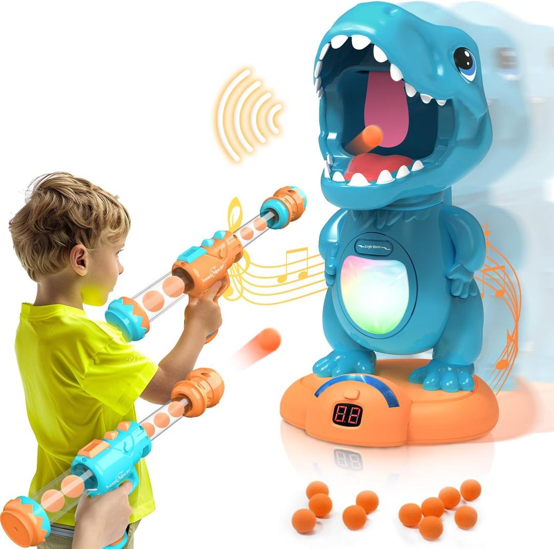 EagleStone Movable Dinosaur Shooting Toys for Boys  Electronic Target Practice with 2 Air Pump Guns, LCD Score Tracker, Sound Effects & 48 Foam Balls, for Kids 5 6 7 8 9