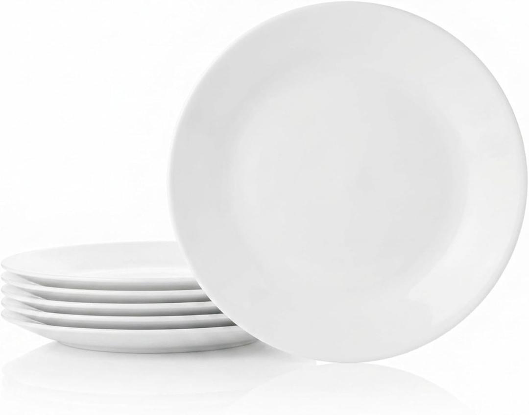 Corelle Vitrelle 6-Piece Salad Appetizer Plate Set Triple Layer Glass and Chip Resistant, 6-3/4-Inch Lightweight Round Plates, Winter Frost White
