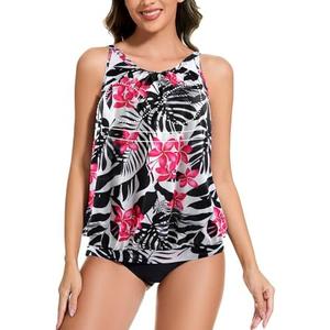 SLIMBELLE Womens Tankini Bathing Suits Only Built in Bra Adjustable Straps High Neck Pleat Loose Fit Swimsuit Rash Guard M