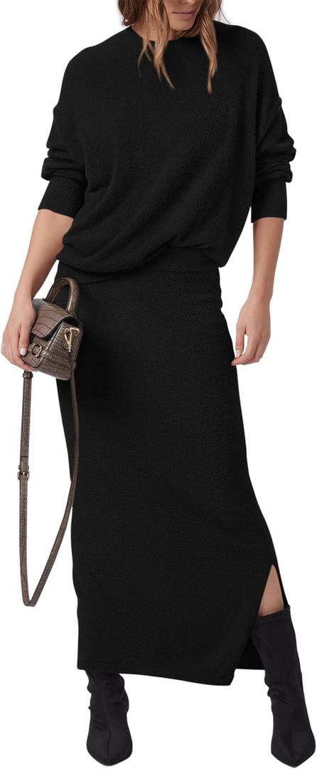 PRETTYGARDEN Women's Two Piece Matching Sweater Sets Knit Long Sleeve Pullover Tops Bodycon Long Maxi Skirts Fall Outfits (Black) XL