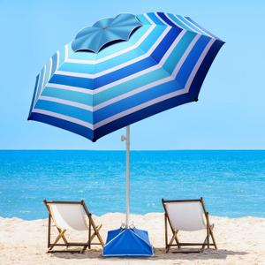 Fisqueen 8FT Large Beach Umbrella with Level 7 Wind Resistance Sand Anchor Sand Bag, Portable Outdoor Umbrella with UPF50+ UV Protection, Tilt Sun Shelter for Beach, Patio, Yard