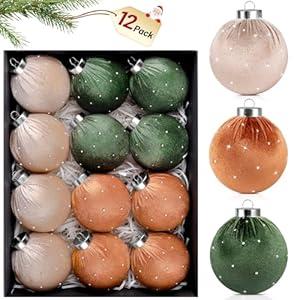 TonJin Christmas Tree Ornaments Velvet Balls 12 Pack, 3.15"/ 80mm Glitter Shatterproof Hanging Flocked Large Xmas Bulbs Decorations, Lightweight, 3 Colors Green Brown Neutral, Holiday Party Home Decor