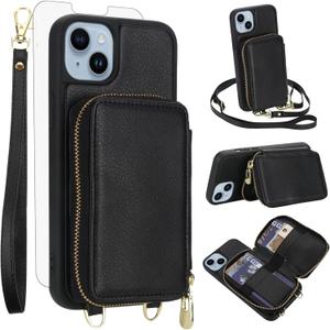 Phone Case for iPhone 13/14 6.1 inch Wallet Cell Cover with Tempered Glass Screen Protector Crossbody Strap Lanyard RFID Blocking Credit Card Holder iPhone13 iPhone14 5G i i-Phone i13 i14 Women Black