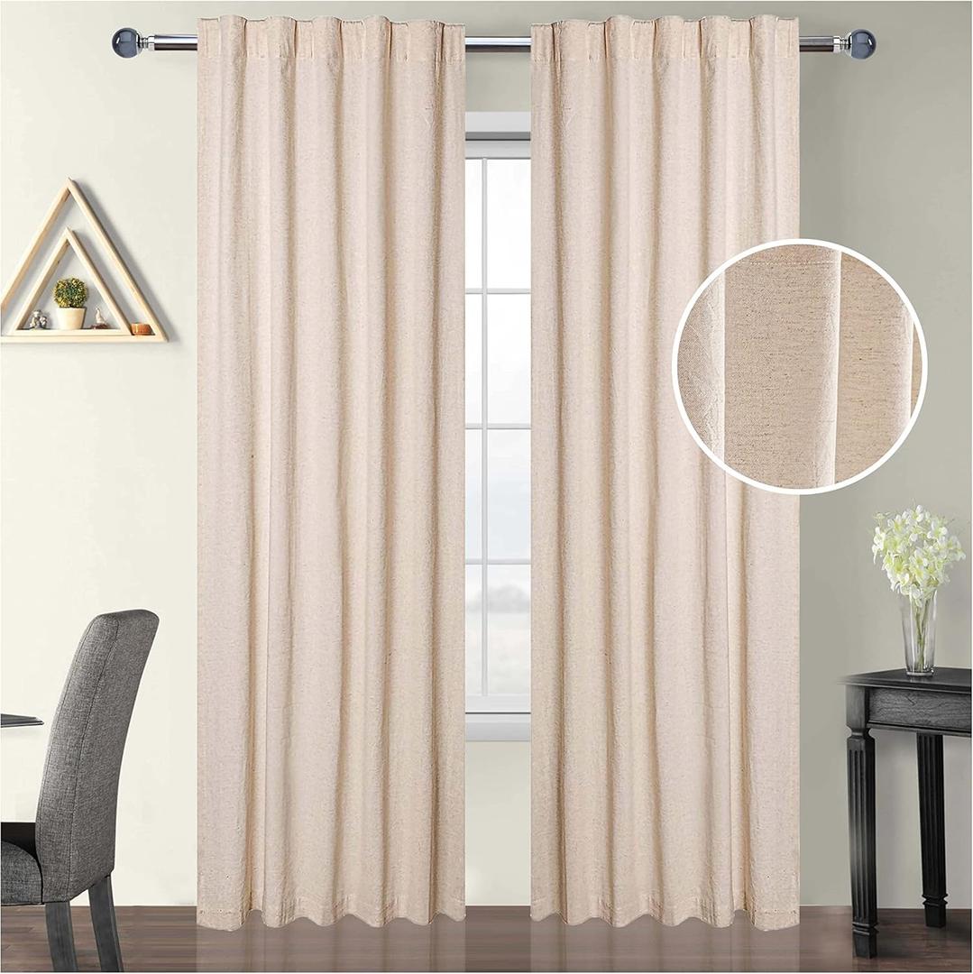 Natural Cotton Tab Top Curtains  50x96 inch Window Panel Set, 2 Panels for Living Room, Bedroom or Bathroom