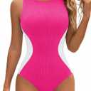 Blooming Jelly Women One Piece Tummy Control Swimsuit Ribbed Color Block Bathing Suits Backless High Neck Swim Suit M