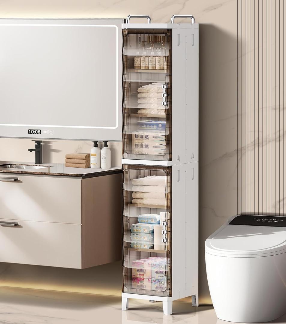 53.54" Tall Narrow Storage Cabinet with Adjustable Shelves Slim Freestanding Plastic Foldable Organizers and Storage Cabinets Small Gap Spaces Saver for Bathroom Kitchen Laundry Room Bedroom (Brown)