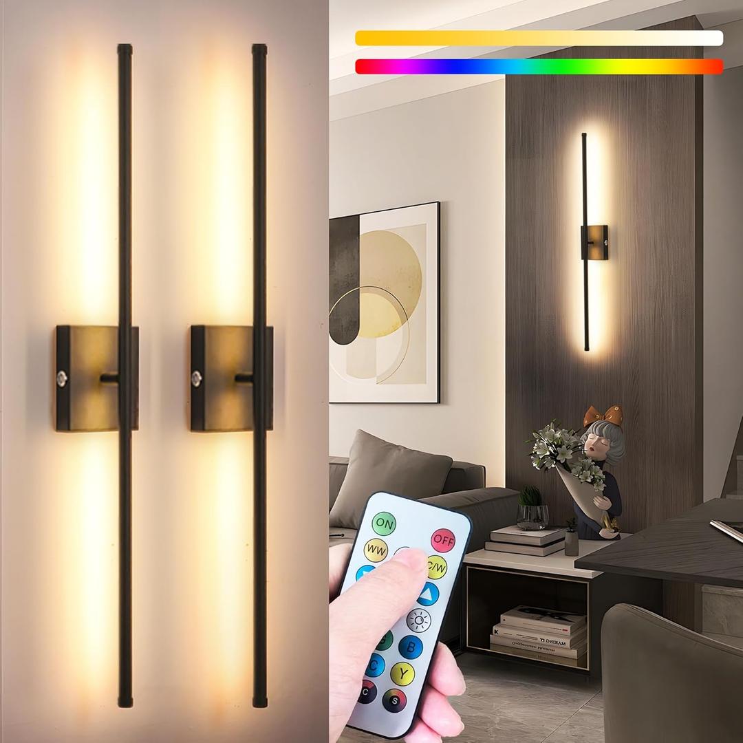 Battery Operated Wall Sconce Set of 2, Wireless Wall Light with Remote Control, 10000mAh Rechargeable Wall Sconce Up to 70 hrs of Lighting Time, RGB Dimmable Wall Lamp for Bedroom Hallway, 360Rotate (Black)