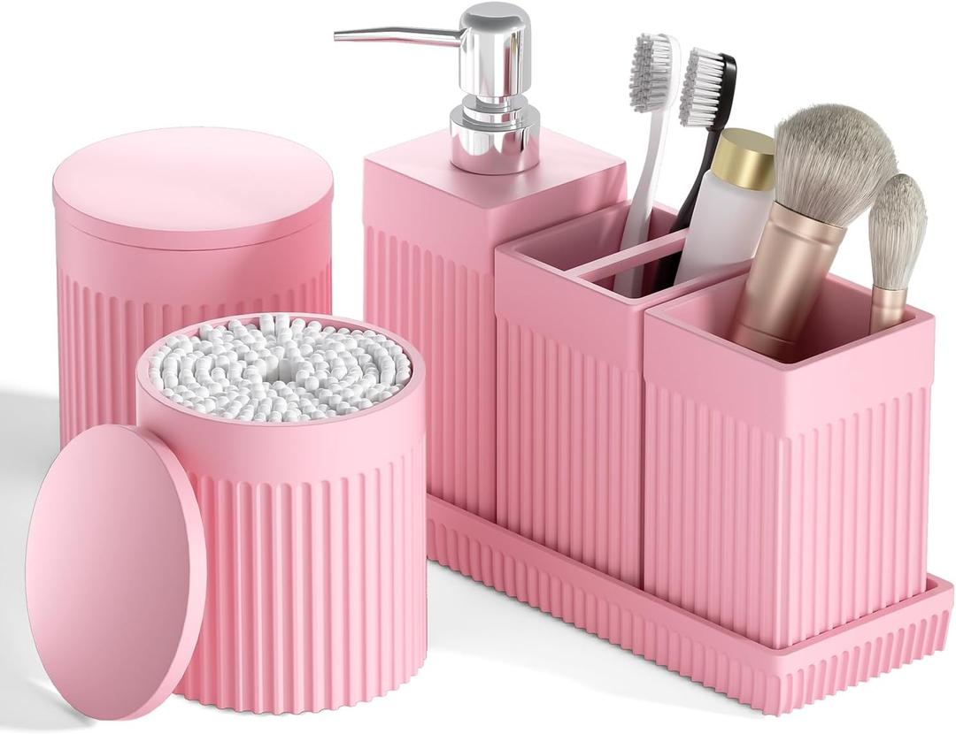 6-Piece Pink Bathroom Set - Sleek Resin Bathroom Accessories Set with Soap Dispenser, Toothbrush Holder, Vanity Tray, Tumbler & Apothecary Jars for Small Spaces
