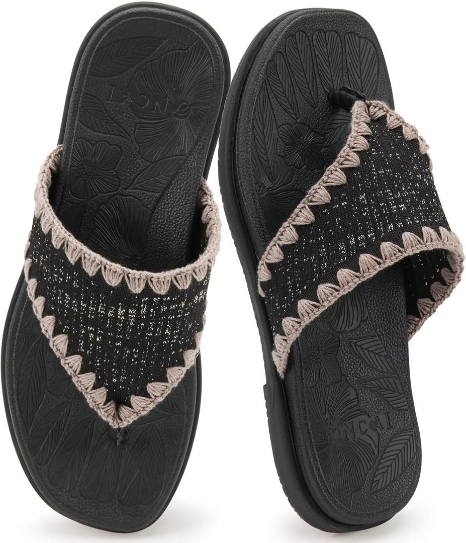 ONCAI Women's Flip Flops Classic Square Toe Yoga Mat Flat Dressy Summer Beach Slide Sandals for Woman Walking Fashion Comfort Ladies Thong Sandals Soft Cushion Rubber Sole US Size 6-11 (Black)