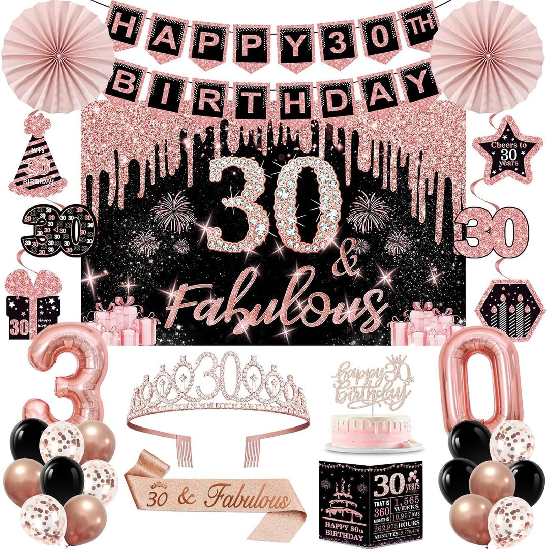30th Birthday Decorations for Women,32PCS 30th Birthday Party Decorations,Including Backdrop, Crown, Sash, banner, Hanging Swirl,Cake Topper,Balloons,Paper Fans,Anniversary Card and Paper Fans