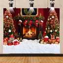 10x8ft Christmas Fireplace Backdrop Xmas Tree Sock Gift Box Photography Background Christmas New Year Party Decor Supplies Photo Studio Props (Red)