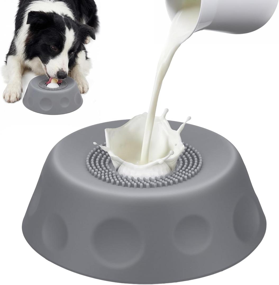 Homgaty Slow Feeder Dog Bowls for Liquid Treat, Dog Lick Bowl for Anxiety Relief & Fast Eaters, Anti-Slip Ball-in Bone Broth, 5/6 Cup Pup Lick Toy for Peanut Butter Large Medium Small Pet Cats Gray