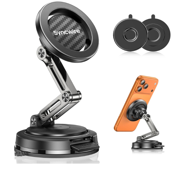 SYNCWIRE for MagSafe Car Mount [3Axis Adjustable], Vacuum Magnetic Phone Holder with Replaceable Suction Cup Dashboard/Windshield, 360° Rotation & Foldable, for iPhone 1712 Pro Max Plus
