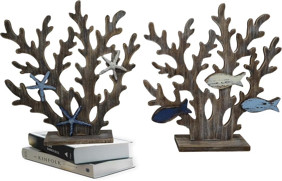 SAILINGSTORY Coral Decor Set of 2 Wooden Table Centerpieces, Coastal Nautical Beach Decor