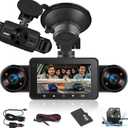 NHOPEEW Dash Cam Front and Rear Inside, 4 Channel Dash Cam 3" IPS Screen Front and Back with 8 IR Night Vision Lights, Loop Recording, 24 Hours Recording, G-Sensor, Reverse Help + 64G Memory Card