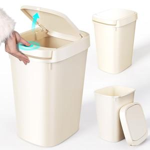 CEROELDA 3 Pack Bathroom Trash Can with Lid, 10L/2.6 Gal Small Garbage Can with Press Top Lid, Slim Plastic Waste Basket for Toilet, Office, Bedroom (Beige)