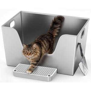 40L XXL Stainless Steel Cat Litter Box with High Sides,XXXL Metal Maine Coon Litter Box with Tall Walls for Big & Multiple Cats,One-Piece Deep Litter Box with Low Entry,Anti-Leakage,Non-Sticky (1 Pack)
