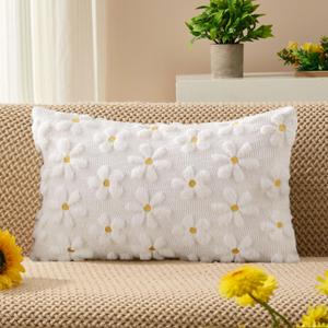 DFXSZ Spring Summer Pillow Covers 12x20 inch Spring Decor Yellow Color Flower Heart Daisy White Soft Plush Faux Fur Jacquard Throw Pillows for Sofa Holiday Home Decor PTK037A12