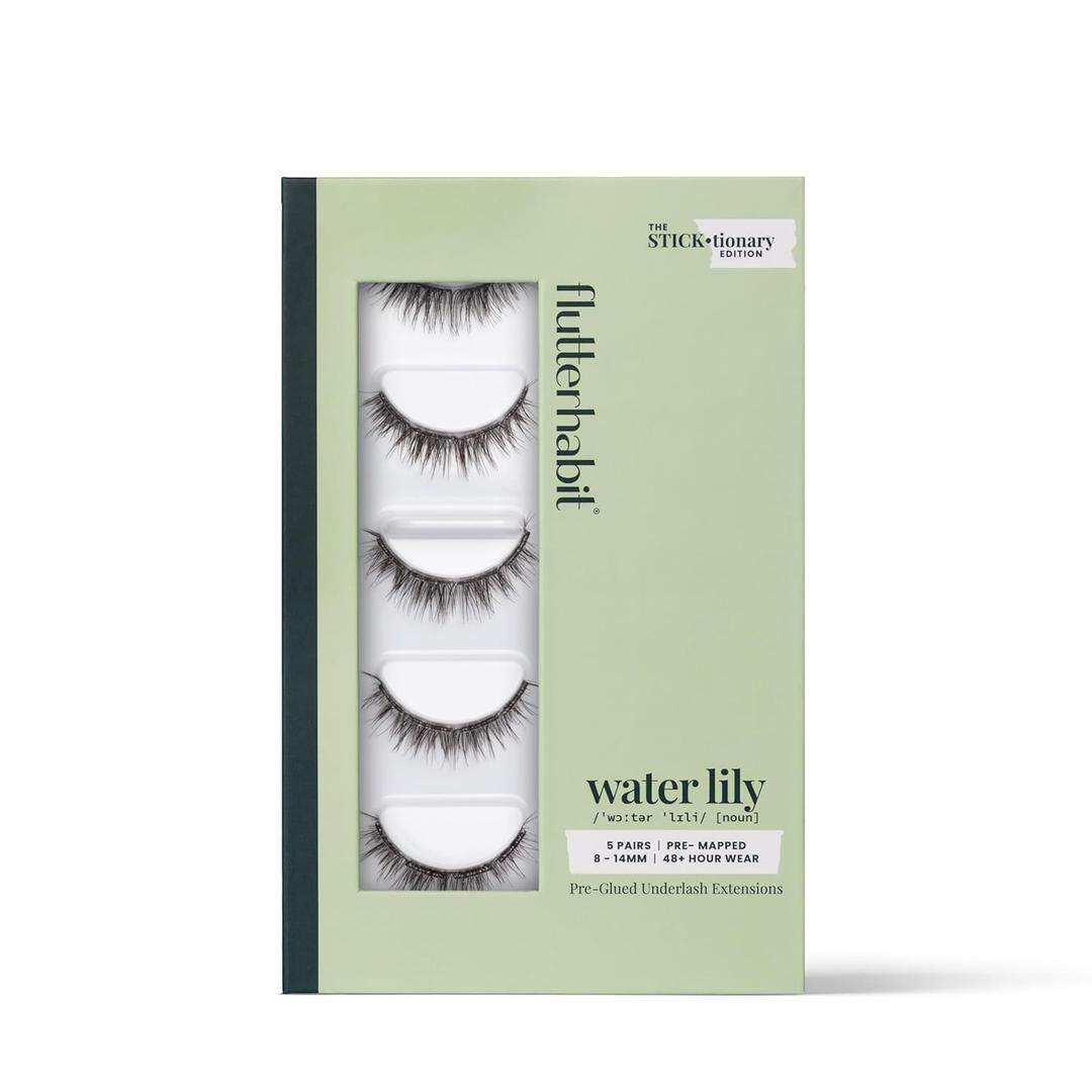 FlutterHabit STICKtionary Water Lilly Self Adhesive Eyelashes Kit, Pre Glued Underlash Strips for Beginners, No Glue Lash Extensions, Lightweight Reusable Clusters for Natural Look at Home (5 Pairs)
