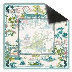 Elpwk Chinese Garden Teal Green Chinoiserie Pavilion Lake Mahjong Mat 31.5x31.5 Inch, Non-Slip and Noise Reduction Mah Jong Table Mat Cover Gifts for Mahjong Lovers Poker Board Games Dominoes