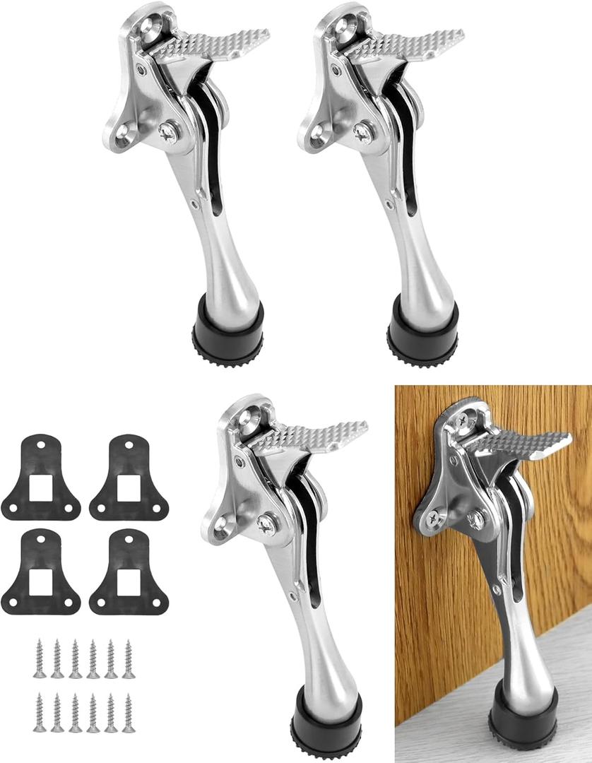 QWORK Heavy Duty Door Stops, 4 Pack Kickdown Door Stopper, Metal Doorstop with Adjustable Rubber Tips