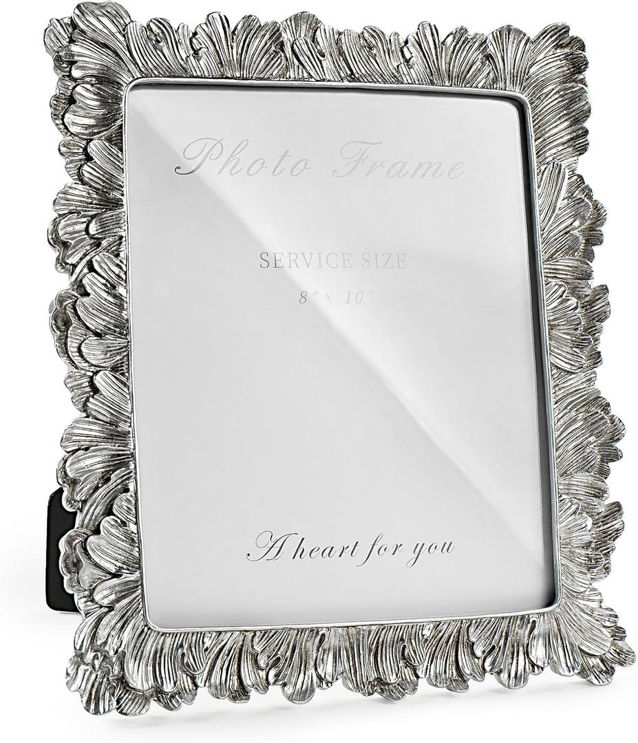 Cuspin Silver 8x10 Picture Frame, Vintage Silver Ornate Palm Leaves Textured Hand-Crafted Resin with Glass Front, Elegant Retro Design Photo Frame for Wall Hanging and Tabletop Display Home Decor (Silver Feather Petal)