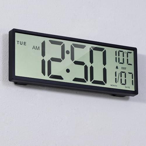 Henescribe 15" Large Digital Wall Clock Battery Operated Black, Clock with Large Display Numbers, Calendar, Auto DST, Clocks for Living Room, Kitchen, Office, Bedroom