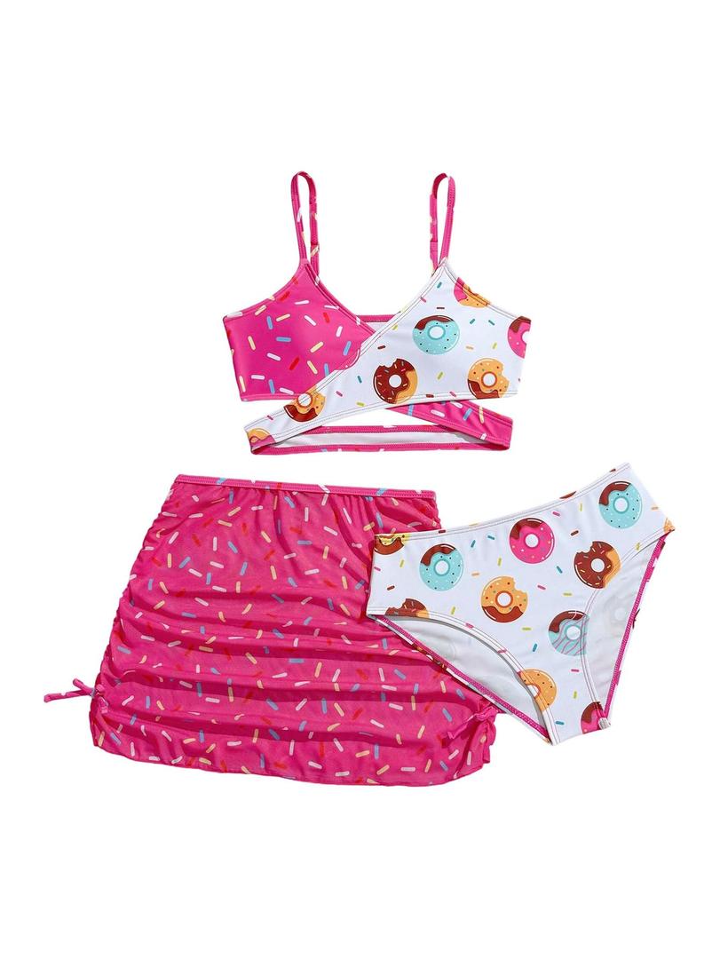 RoseSeek Girls 3 Piece Bikini Set with Ruched Skirt Cheetah Print Wrap Swimsuit Cute Bathing Suit Beachwear Multicolor Hot Pink 10Y (Pink)