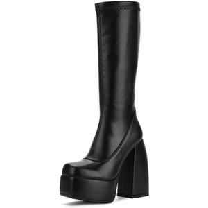 Womens Mid Calf Knee High Boots High Heel Round-Toe Side Zipper Punk Style Shoes Combat Boots For Women (9, Black)