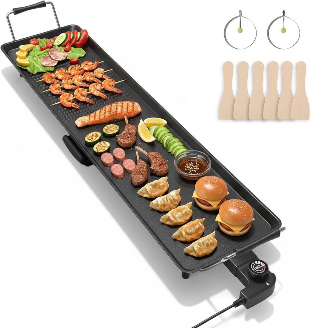 39.5-Inch Electric Griddle & Teppanyaki Grill, 1400W Large Non-Stick Surface, Intelligent Temperature Control, Easy to Clean. Indoor/Outdoor Use for Pancakes, BBQ, Camping & Gatherings