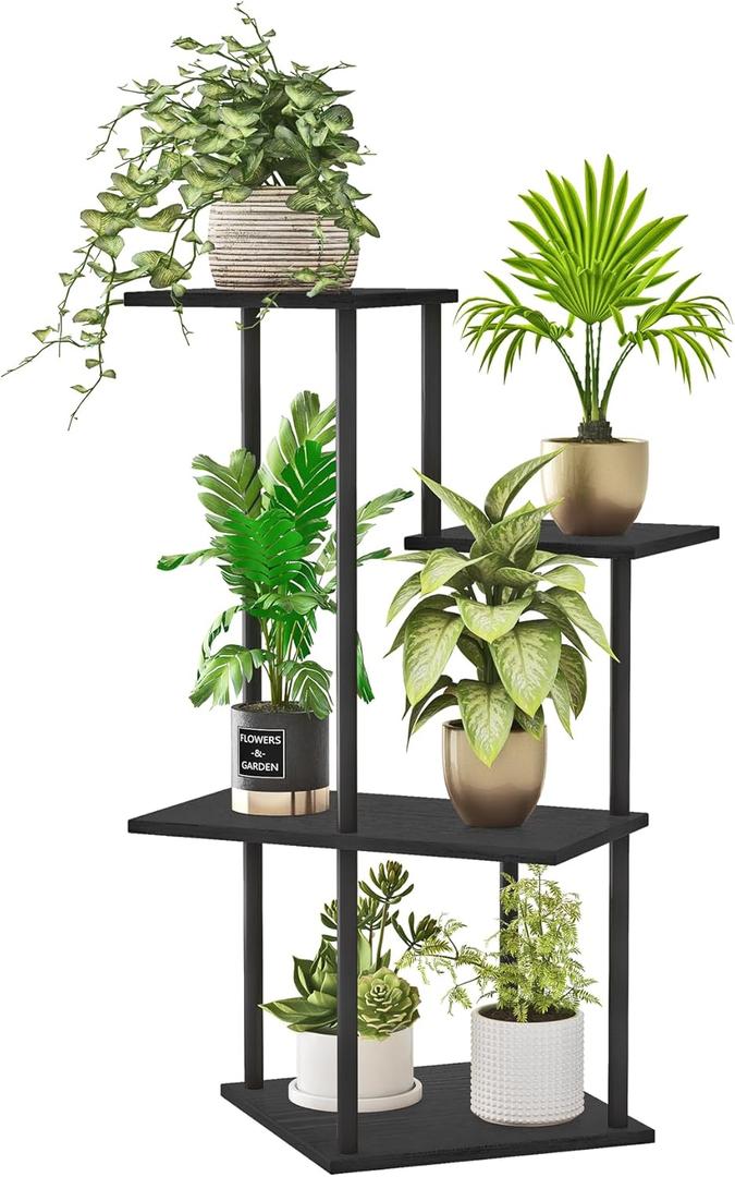 Plant Stand Indoor, 4-Tier Modern Plant Shelf for Multiple Plants, Wood Metal Flower Holder for Living Room Balcony Bedroom, Black