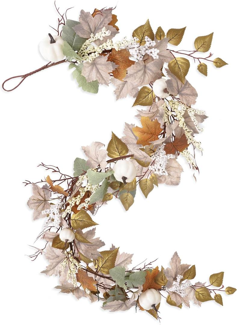 XmasExp Fall Garland Fall Decorations for Home 5Ft Rustic Maple Berry White Pumpkin Decor for Mantle Fireplace Thanksgiving Farmhouse Harvest Outdoor Indoor