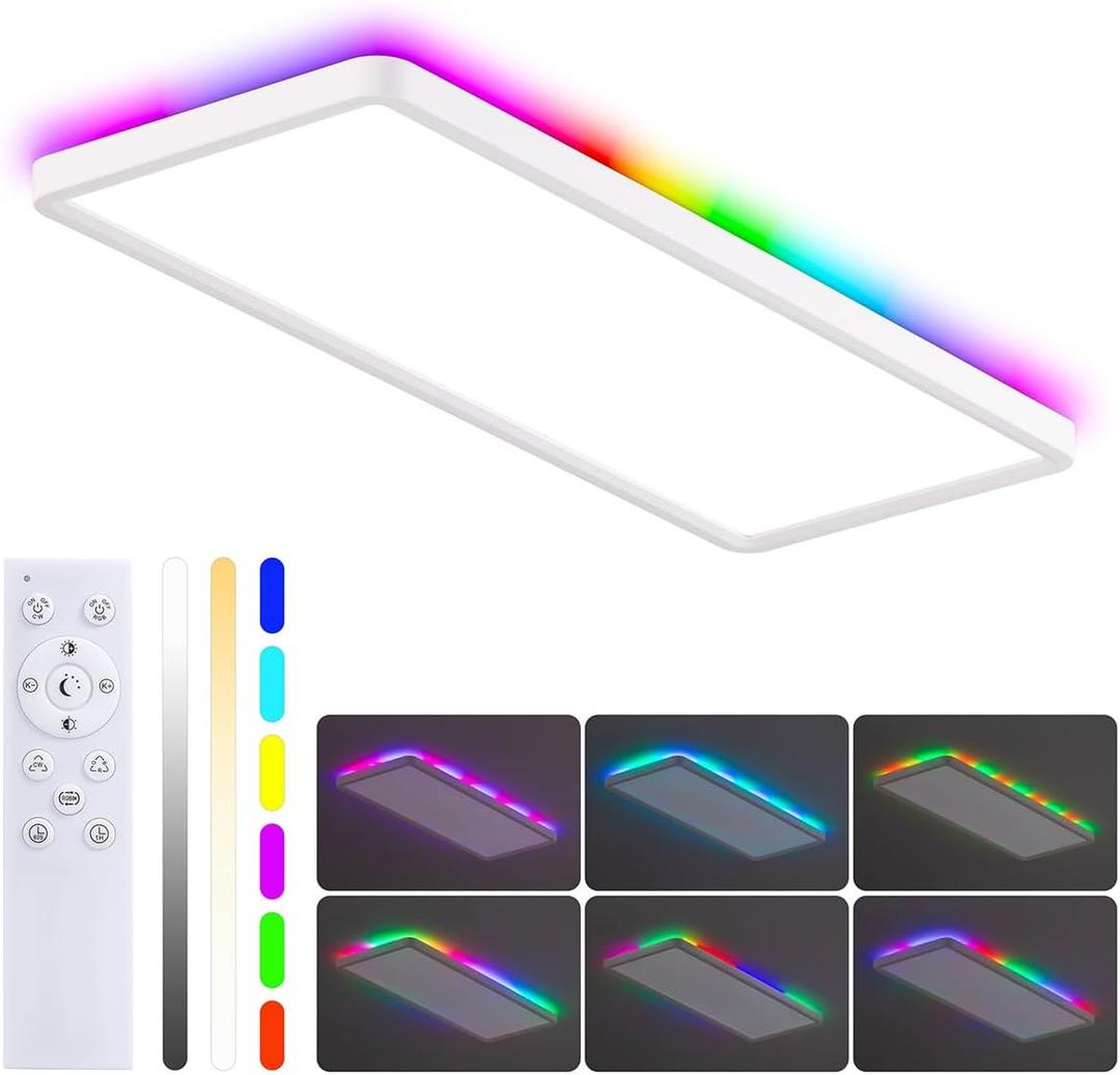 MOONSEA 23 Inch RGB LED Flat Panel Ceiling Light Fixture with Remote Control 32W + 7W, 3200LM, Dimmable Color Changing, Rectangle Surface Mount Ceiling Lamp for Living Room, Kids Room, Party, White, RGB + Rotating Color - Remote