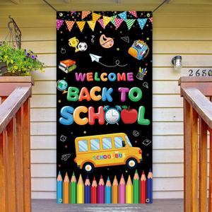 Back To School Banner Welcome Back To School Door Cover Backdrop Polyester Hanging Banner Front Door Porch Sign for First Day Of School Classroom Indoor Outdoor Decorations, 70.8 X 35.4inch