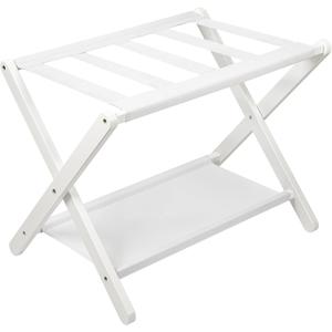 VASMIA Luggage Rack, Folding Suitcase Stand with Storage Shelf,Bamboo Luggage Stand for Guest Room,Bedroon and Hotel,Holds up to 131 lb,Fit Most Luggage Size,White