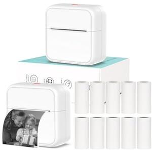 HUIJUTCHEN Mini Pocket Printer for iPhone/Android, Portable Sticker Printer with 10 Rolls Non-Sticky Thermal Papers, Blue-Tooth Thermal Mini Printers for Journal Memo Notes Photo Study, White