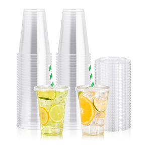 JOLLY PARTY 100Pack 16 oz Clear Plastic Cups With Flat Lids, Disposable Clear Cups with Straw Slot Lids, Crystal Clear Disposable Drinking Cup for Juice Ice Cream Milkshake Iced Coffee Cold Drink