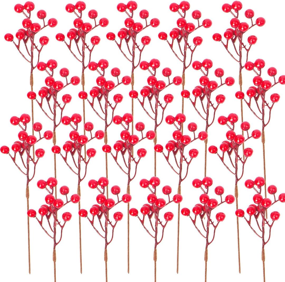 20 Pack Christmas Artificial Red Berry Stems Fake Holly Berry Pick for Christmas Tree Decorations DIY Crafts Xmas Ornaments Wedding Holiday Home Decor