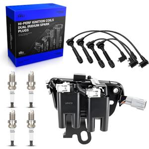 UF419 Ignition Coil & 4503 Double Iridium Spark Plug & 27501-23B70 Spark Plug Wire Set for 03-09 Hyundai Elantra/03-08 Tiburon/05-09 Tucson, 2005-2009 Kia Spectra/Spectra5, 05-07 Sportage L4 2.0L Only