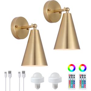 MWZ Gold Battery Operated Wall Sconces Set of Two,Wireless Rechargeable Led Lighting with Remote Control, Modern Dimmable 12 Color Temperatures Adjustable Angle Lamp with Brushed Brass Metal Shade (Short Arm)