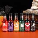 Meanplan 30 Pcs 1.7 oz Halloween Mini Beverage Bottles with Stickers and Black Caps Plastic Drink Juice Liquid Bottles with 30 Funnels for Halloween Party Favors