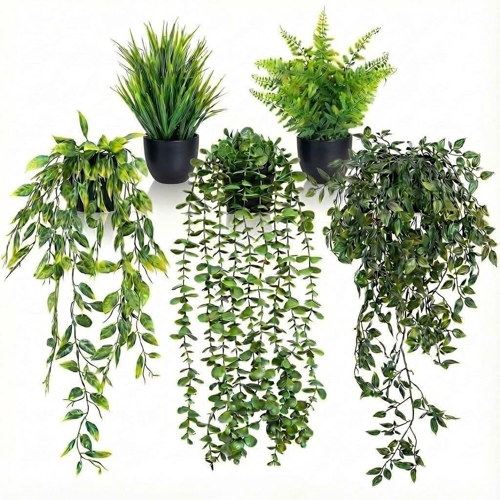 5 Pack Fake Plants for Wall Home Room Office,Artificial Hanging Plants,Small Potted Plants Decor, Artificial Plants Indoor Outdoor for Shelf Wall Decor