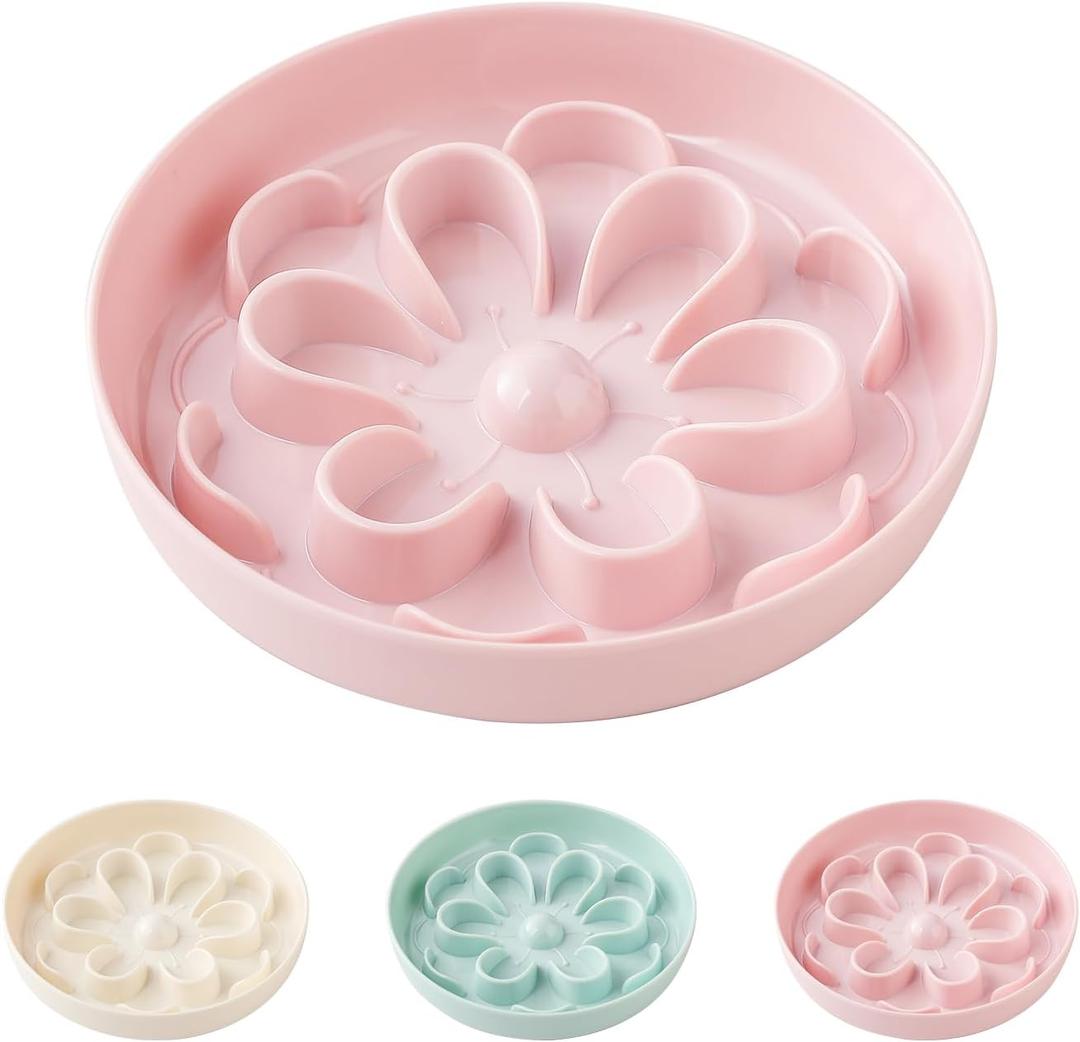Slow-Food Cat Bowl - Made of Melamine, Suitable for Both Dry and Wet Food - Cute Flower Maze Pattern, Promotes Healthy Feeding and Helps Protect Whiskers - Dishwasher Safe - 6.3 in Wide x 1.1 in high (Pink)