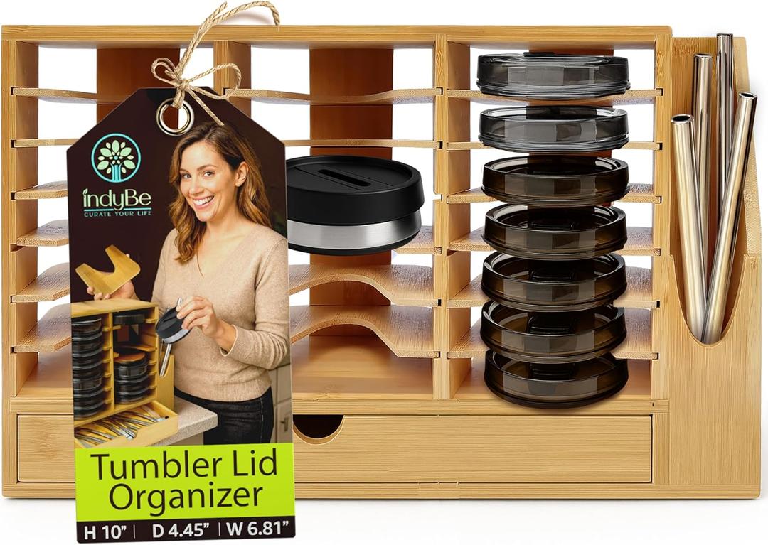 Bamboo Tumbler Lid Organizer  Space Saving Multi-Tier Storage Rack with Straw Holder and Gasket Drawer  Vertical Cup Lid Organizer for Cabinet, Kitchen Countertop - Triple