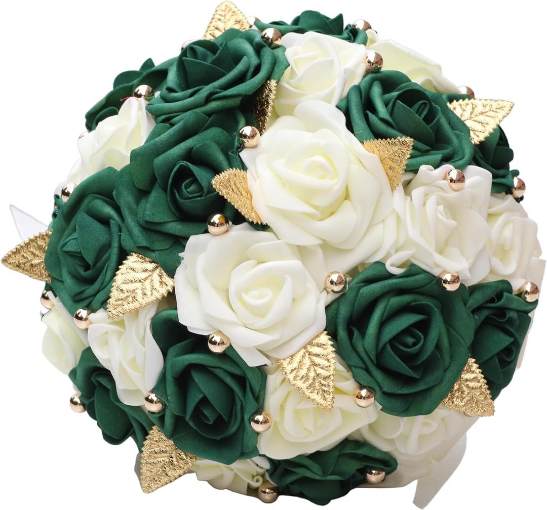 Handmade Wedding Bouquet Artificial PE Rose Bridal Bridesmaid Bouquet with Soft Ribbons Wedding Hand Holding Bouquet Artificial Fake Flowers Toss Bouquet(A-Emerald Green & Ivory, 9.1"/23cm)