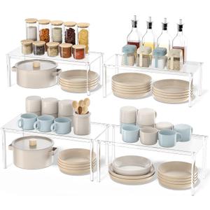 Cabinet Organizer Shelf, Acrylic 15.7'' Large Kitchen Counter Shelf, 4 Set Spice Rack for Cabinet, Kitchen Pantry Organizer and Storage for Stackable, Expandable