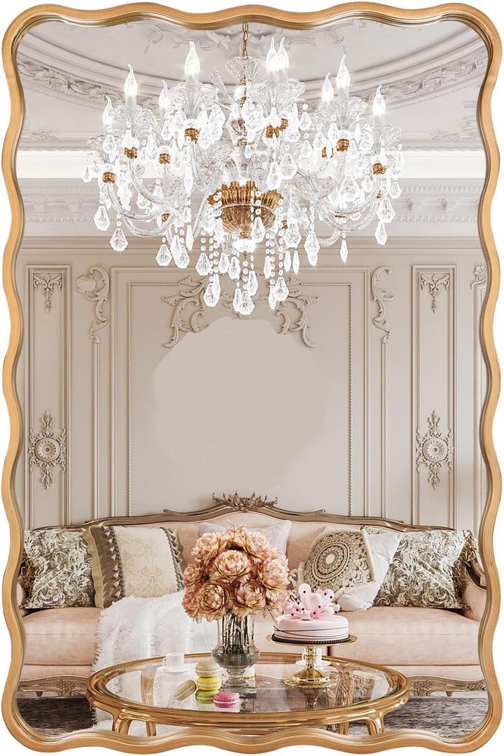 30 * 40 Inch Gold Ripple Rectangle Bathroom Mirror Wall Mounted Large Modern Countryside Suitable for Washroom, Bedroom, Living Room, Entryway